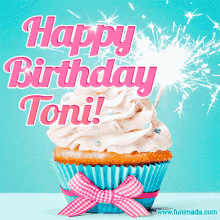 a cupcake with white frosting and a pink bow says happy birthday toni