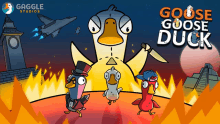 a poster for goose goose duck shows a duck with a knife in its hand