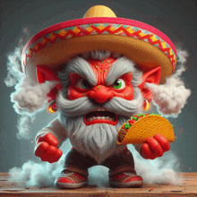 a cartoon character wearing a sombrero holds a taco in his hand