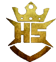 a gold colored hs logo with a crown on top