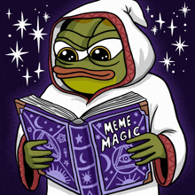 a cartoon of a frog reading a meme magic book