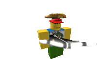 a roblox character with a pizza on his head and a gun