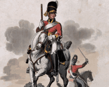 a painting of a man riding a horse with a gun