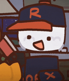 a cartoon character is wearing a hat with the letter r on it