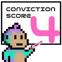 a pixel art of a monkey pointing at a sign that says " conviction score "