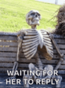 a skeleton is sitting on a bench with the words `` waiting for her to reply '' written on it .