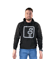 a man wearing a black hoodie with a facebook logo on the front