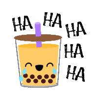 a cartoon of a cup of bubble tea with the words ha ha ha ha ha written above it