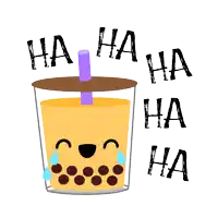 a cartoon of a cup of bubble tea with the words ha ha ha ha ha written above it