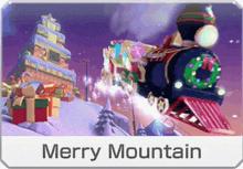 a picture of a christmas train with the words merry mountain on the bottom