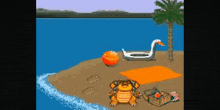 a cartoon drawing of a beach scene with a duck and a turtle