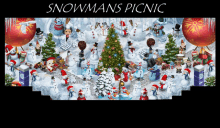 an advertisement for a snowman 's picnic with a christmas tree