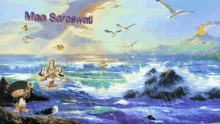 a painting of maa saraswati on a beach