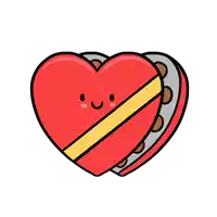 a cartoon illustration of a red heart with a yellow stripe and a smiling face