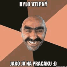 a bald man with a mustache and eyebrows is smiling with a foreign language caption .