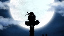 a silhouette of a ninja with a sword in front of a full moon