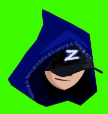 a person wearing a blue hoodie and a black hat with the letter z on the front