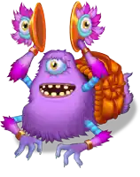 a purple monster is holding a trumpet and a purse