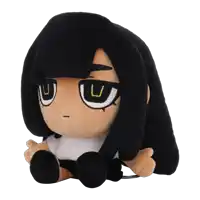 a stuffed doll with long black hair and a yellow u on its eyes