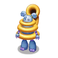 a blue and purple cartoon character with a gold trumpet on its head