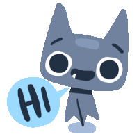 a cartoon cat says hi with a blue speech bubble