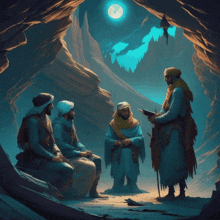 a painting of a group of men in a cave