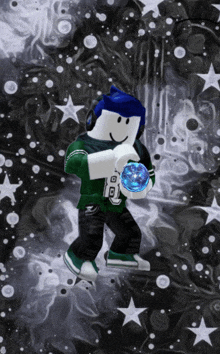 a roblox character with blue hair is holding a blue ball in his hand