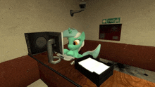 a cartoon pony sits at a desk with a dell computer in the background