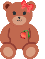 a teddy bear with a red bow on its head holds a rose