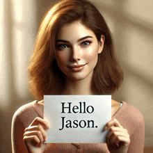 a woman is holding up a sign that says hello jason