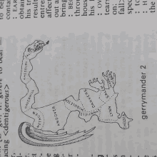 a book is open to a page with a drawing of a monster and the words gerrymander 2 at the bottom