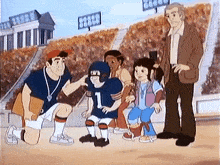 a group of cartoon characters are standing around a football player in a stadium .