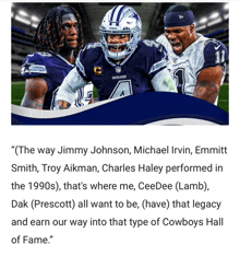 three cowboys football players standing next to each other with a quote from jimmy johnson