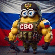 a cartoon minion is dressed in military uniform and holding a gun in front of a russian flag .