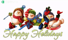 a happy holidays greeting card with three snowmen on skis