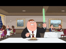 peter griffin is sitting at a table in a restaurant holding a light saber .