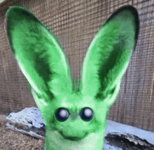 a green rabbit with big ears and big eyes is standing next to a wooden fence .