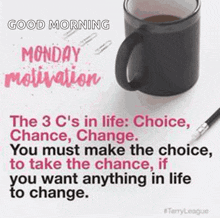 a good morning monday motivation message with a cup of coffee and a pen