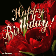 a happy birthday card with red flowers and water drops