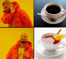 a man in an orange jacket is making a peace sign in front of a cup of coffee and a cup of tea