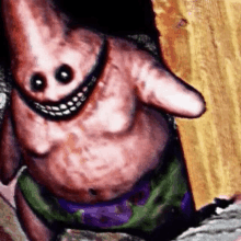 a painting of patrick star from spongebob squarepants with a creepy face .