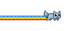 a pixel art of a cat jumping over a rainbow on a white background .