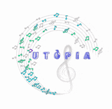 the word utopia is surrounded by musical notes and a treble clef