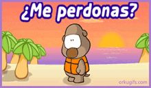 a cartoon of a gorilla standing on a beach with the words me perdonas