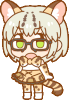 a cartoon drawing of a leopard girl wearing glasses and a bow tie