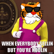 a cartoon cat wearing sunglasses says when everybody sellin but you 're hodlin