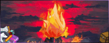 a pixel art drawing of a fire with a red background