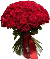 a large bouquet of red roses with a red ribbon tied around them