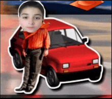 a boy is standing next to a red car