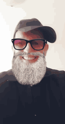 a man wearing sunglasses and a hat has a fake beard on his face